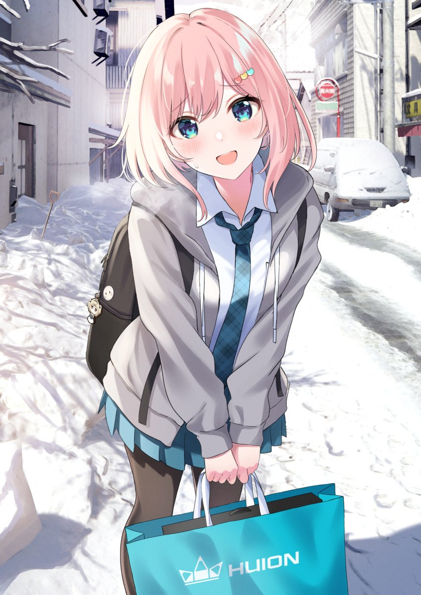1girl, absurdres, backpack, bag, blonde_hair, blue_eyes, carrying_bag, collared_shirt