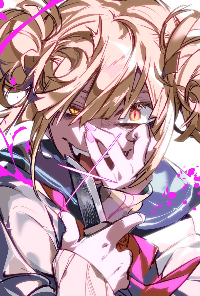 1girl, :d, akiyama_youkou, black_sailor_collar, blonde_hair, blood, boku_no_hero_academia, double_bun