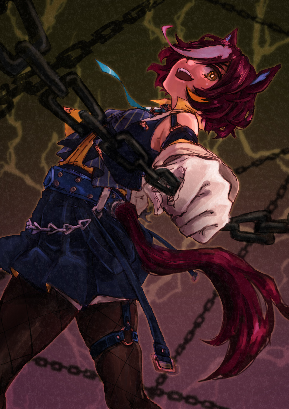 1girl, :d, animal_ears, belt, black_pantyhose, blue_belt, blue_necktie, blue_shirt, blue_skirt, chain, collared_shirt, fishnet_pantyhose, fishnets, from_below, from_side, gloves, hair_over_one_eye, highres, holding, holding_chain, horse_ears, horse_girl, horse_tail, looking_at_viewer, mihasame, multicolored_hair, necktie, pantyhose, pleated_skirt, shirt, short_hair, skirt, smile, solo, streaked_hair, tail, tanino_gimlet_(umamusume), umamusume, white_gloves, white_hair, yellow_eyes, yellow_shirt