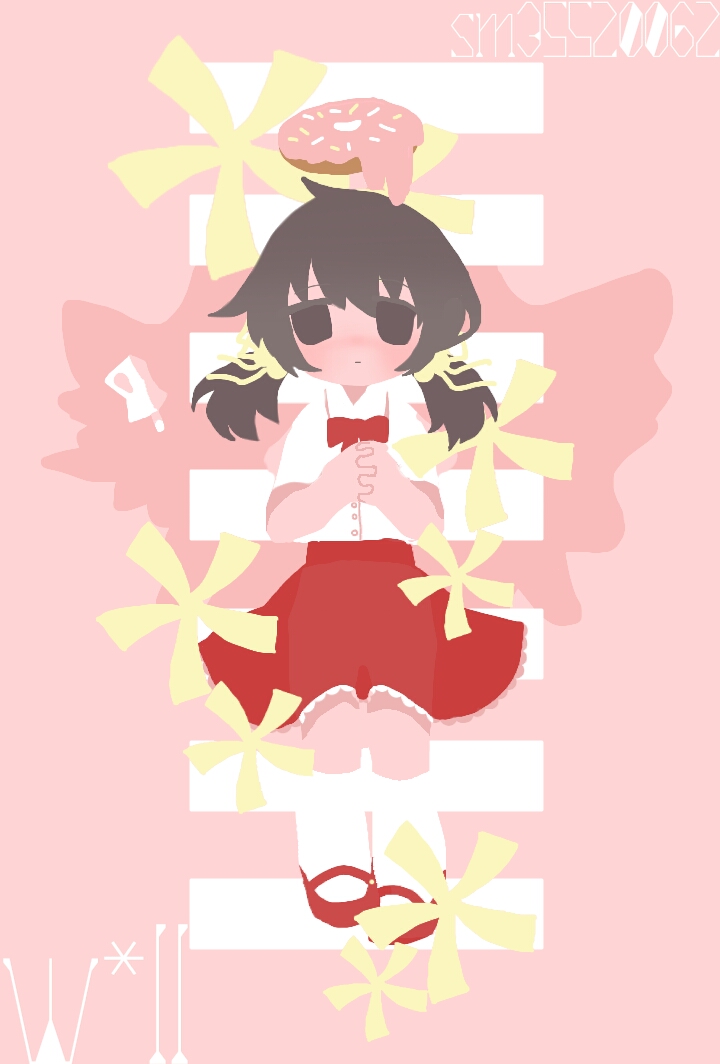 1girl, black_eyes, black_hair, bow, bowtie, collared_shirt, commentary_request, doughnut, flower, food, from_above, full_body, hair_bobbles, hair_ornament, hands_on_own_chest, hogo_(madowofuku), kaai_yuki, kneehighs, long_hair, looking_at_viewer, low_twintails, lying, mary_janes, niconico_id, no_sclera, on_back, own_hands_clasped, own_hands_together, pink_background, red_bow, red_bowtie, red_skirt, shirt, shoes, short_sleeves, skirt, socks, solo, song_name, straight-on, tareme, twintails, vocaloid, white_shirt, white_socks, will_(vocaloid), yellow_flower