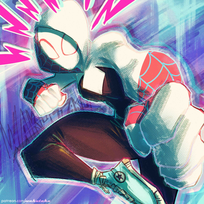 1girl, aqua_footwear, black_bodysuit, bodysuit, breasts, gwen_stacy, highres, hood