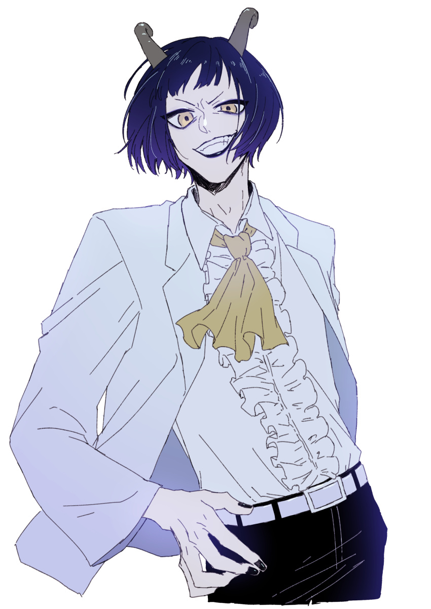 1boy, absurdres, aged_down, ascot, blue_hair, blue_lips, caesar_clown, cowboy_shot, curled_horns, evil_grin, evil_smile, frilled_shirt, frills, grin, gyaa, hand_on_own_hip, highres, horns, jacket, looking_at_viewer, male_focus, medium_hair, one_piece, pale_skin, shirt, simple_background, smile, teeth, white_jacket, white_shirt, yellow_ascot, yellow_eyes
