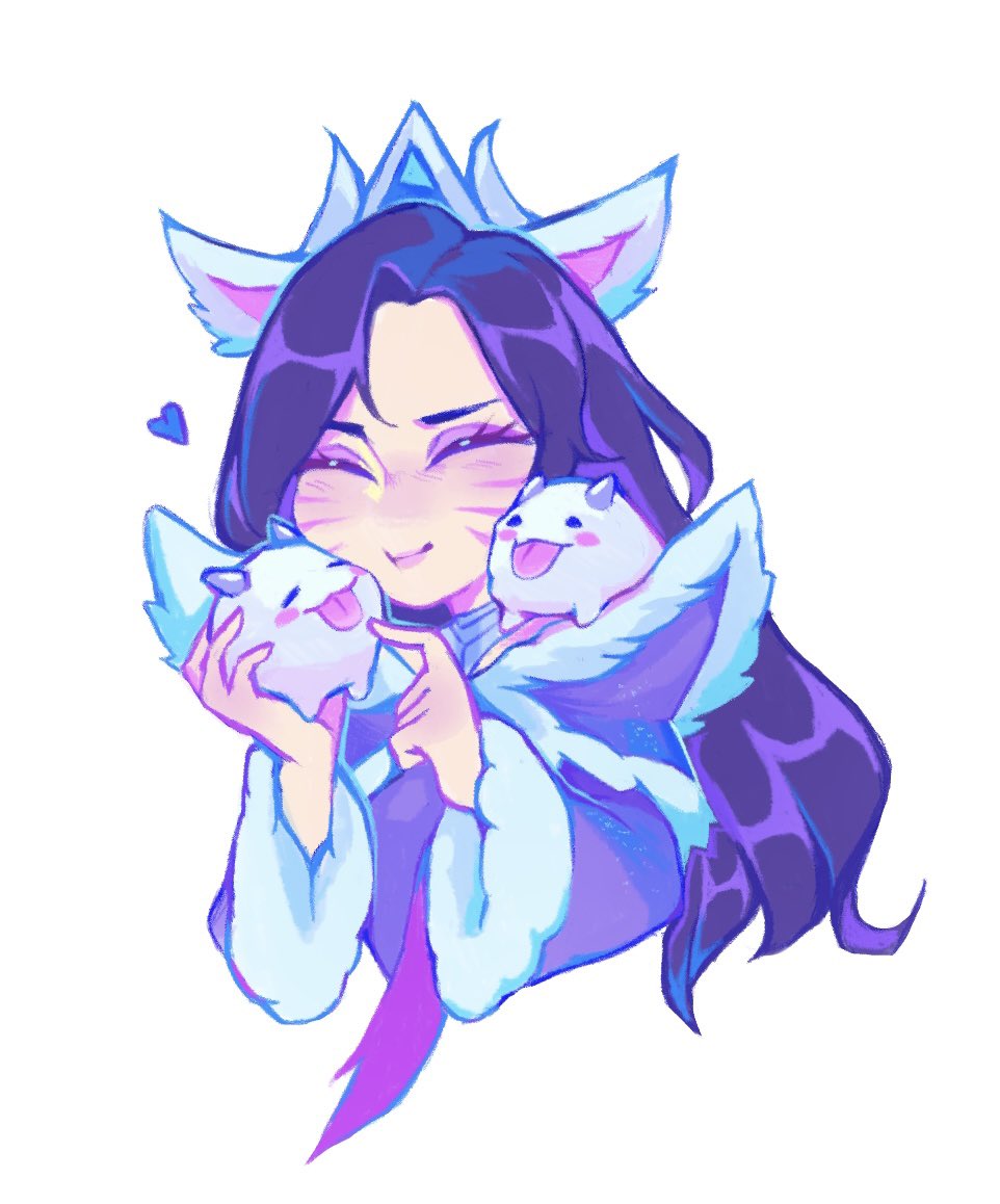 1girl, ahri_(league_of_legends), animal, animal_ears, blush, blush_stickers, closed_eyes, closed_mouth