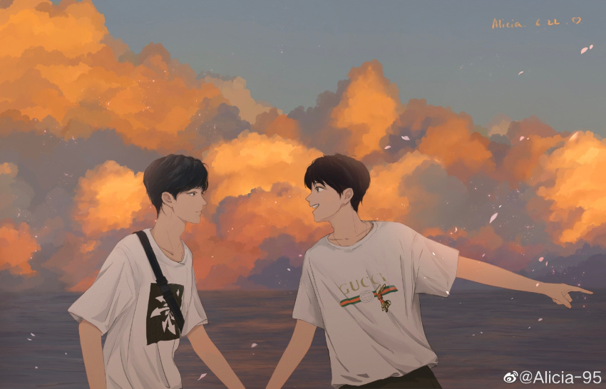 2boys, alicia-95, black_hair, clouds, cloudy_sky, gucci, highres, holding_hands
