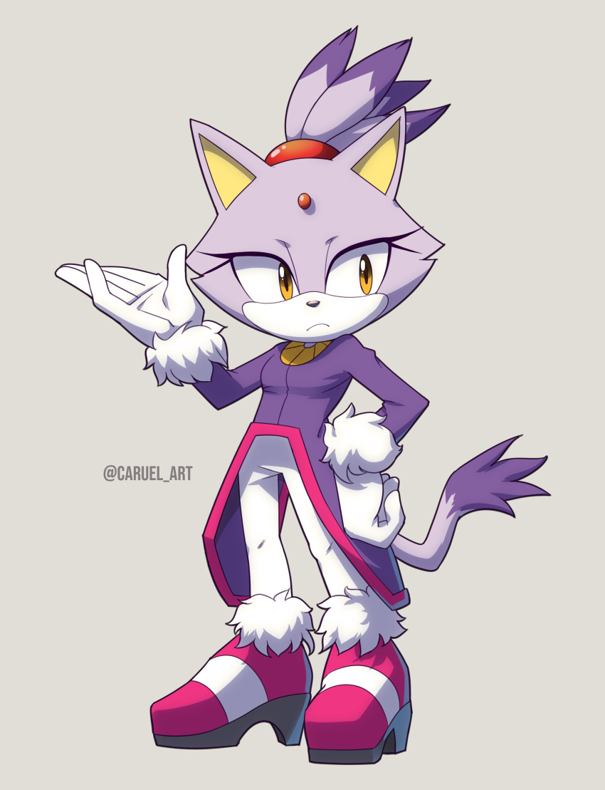 1girl, absurdres, artist_name, blaze_the_cat, caruel_art, clenched_hand, forehead_jewel, gloves