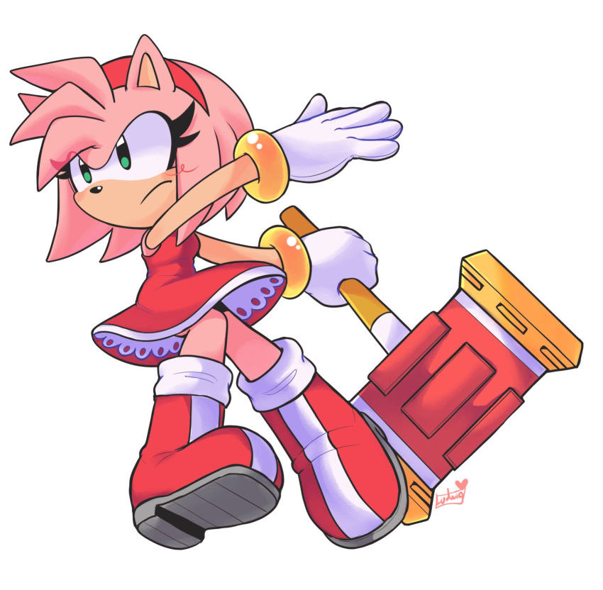1girl, amy_rose, artist_name, boots, dress, gloves, hammer, heartludwig