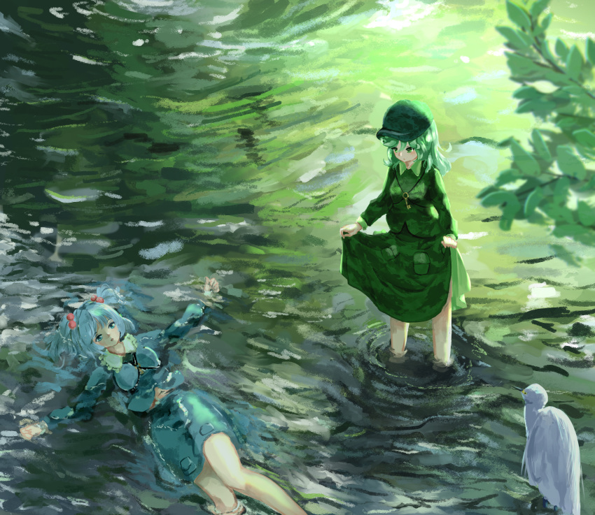 2girls, absurdres, baseball, blue_eyes, blue_shirt, blue_skirt, commentary_request, green_eyes