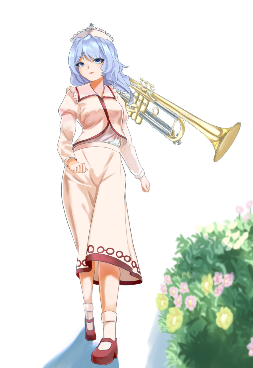 1girl, blue_hair, commentary_request, flower, frilled_hat, frills, full_body, hat