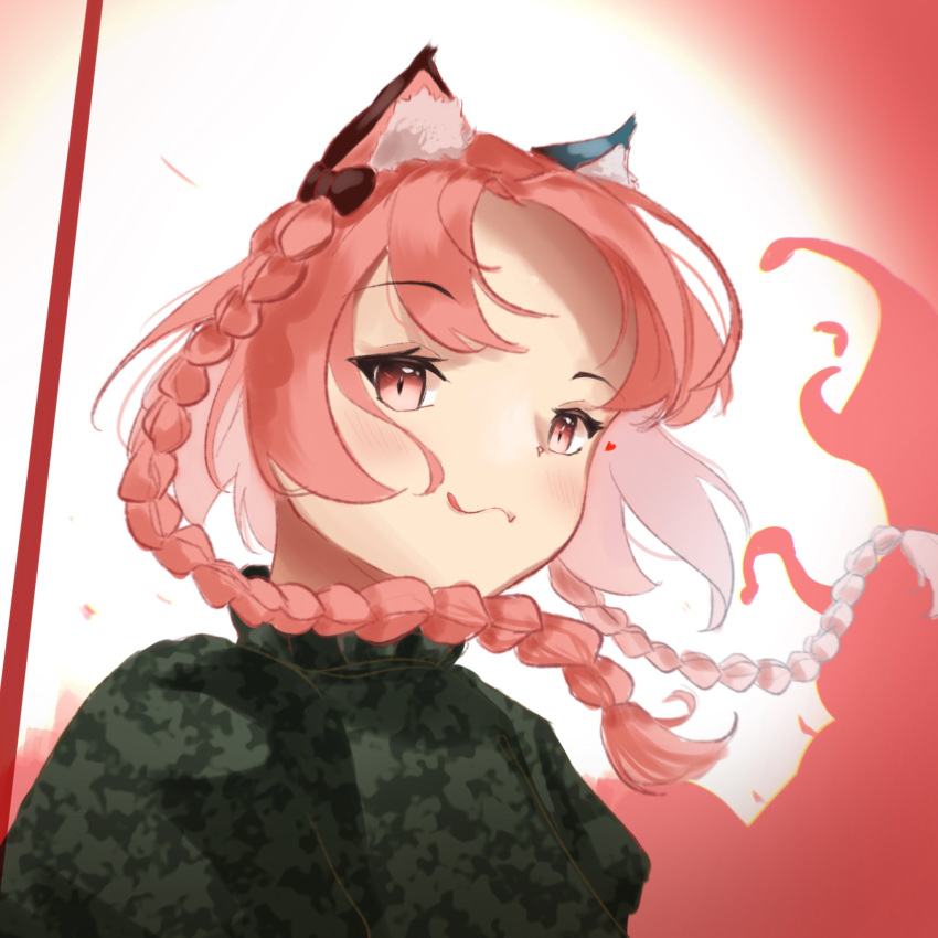 1girl, animal_ear_fluff, animal_ears, black_bow, bow, braid, cat_ears, closed_mouth