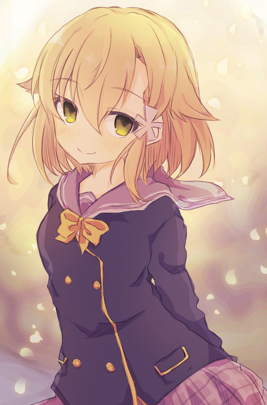1girl, arms_behind_back, black_jacket, blonde_hair, blurry, blurry_background, blush, bow