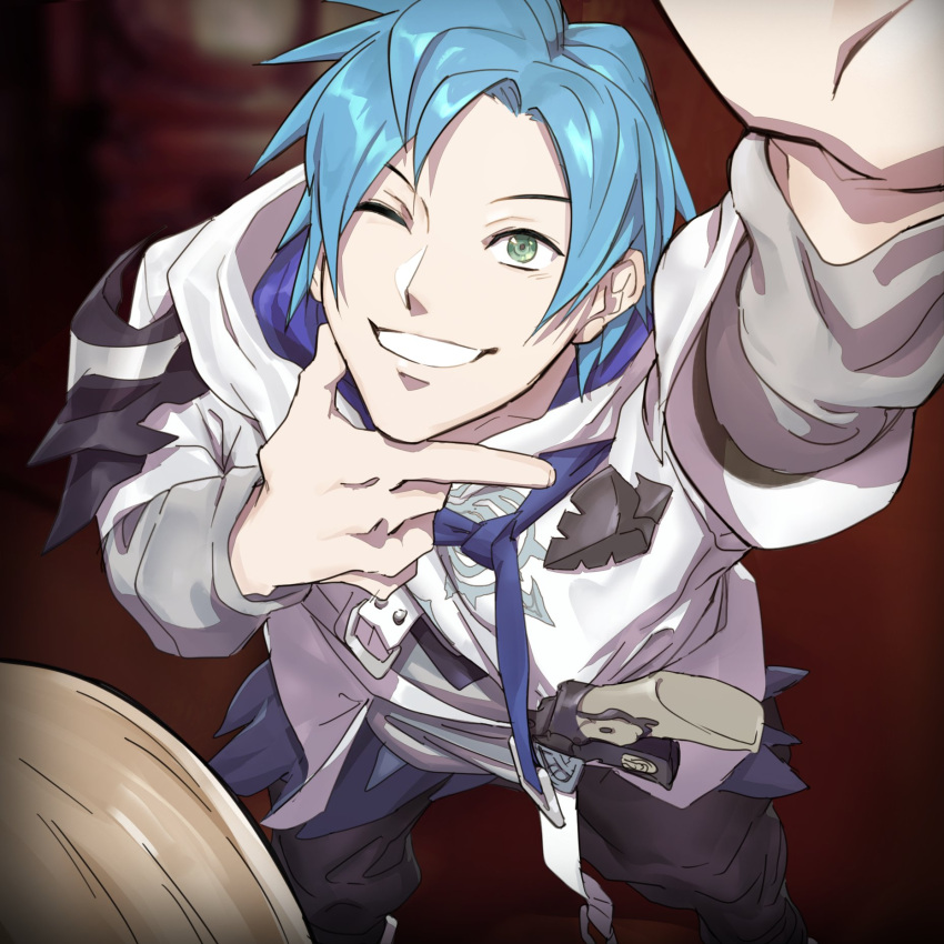 2boys, arm_up, armor, black_pants, blonde_hair, blue_hair, blurry, blurry_background