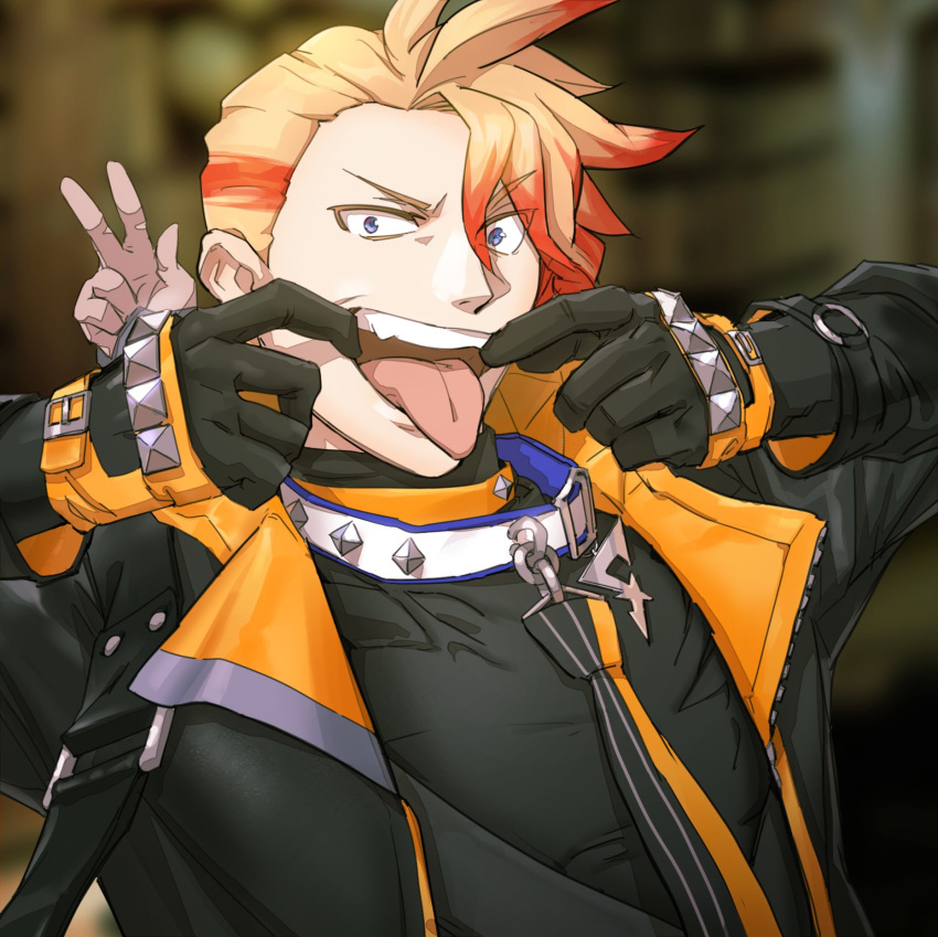 1boy, asymmetrical_bangs, axel_syrios, black_gloves, black_jacket, black_shirt, blonde_hair, blue_background