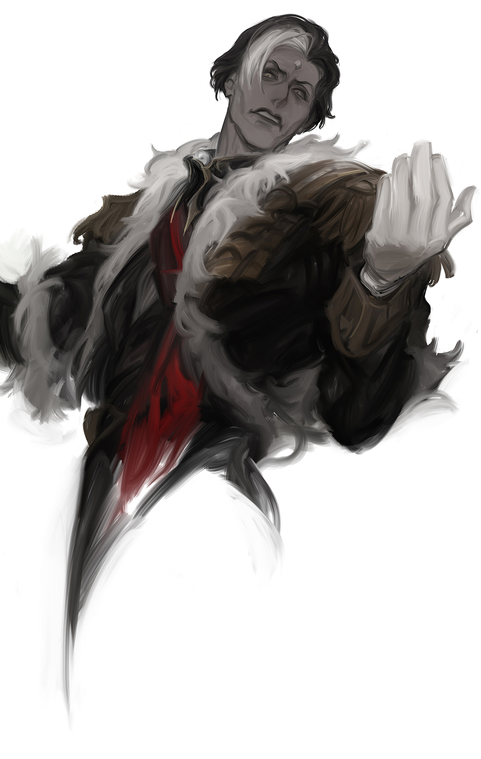 1boy, black_coat, brown_hair, chinese_commentary, coat, collared_coat, commentary_request, cropped_torso, emet-selch, epaulettes, final_fantasy, final_fantasy_xiv, from_below, from_side, frown, fur-trimmed_coat, fur_trim, furrowed_brow, garlean, gloves, hand_up, highres, long_sleeves, looking_at_viewer, male_focus, mature_male, multicolored_hair, open_mouth, painterly, realistic, shawnstaw, short_hair, simple_background, solo, third_eye, two-tone_hair, upper_body, white_background, white_gloves, white_hair, yellow_eyes