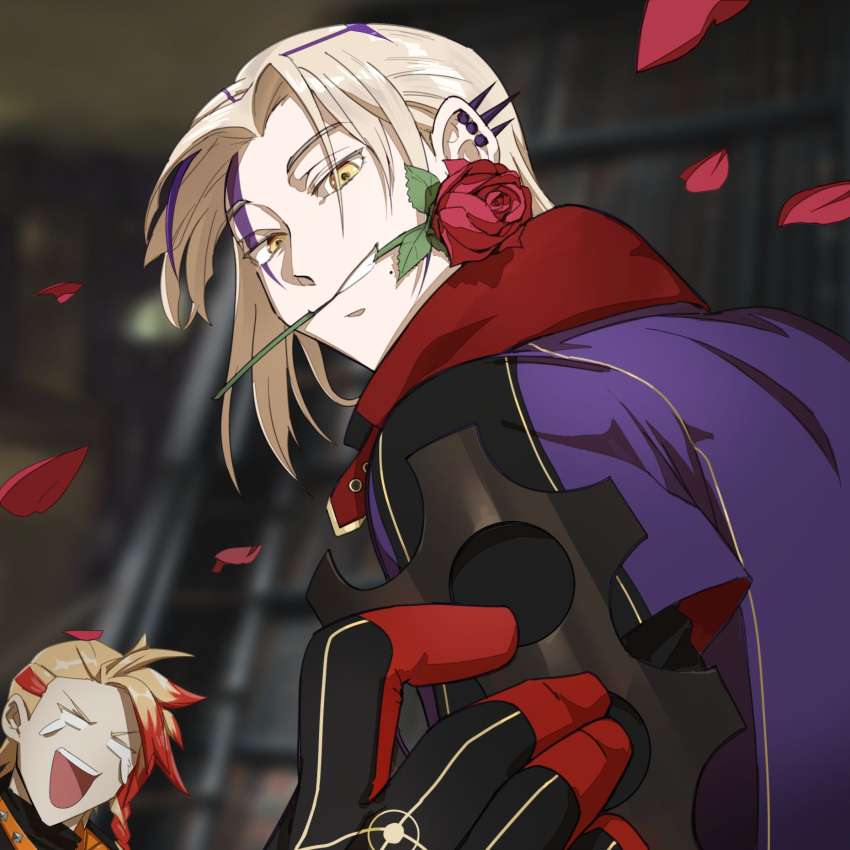 2boys, :d, axel_syrios, black_gloves, black_shirt, blank_eyes, blonde_hair, blurry