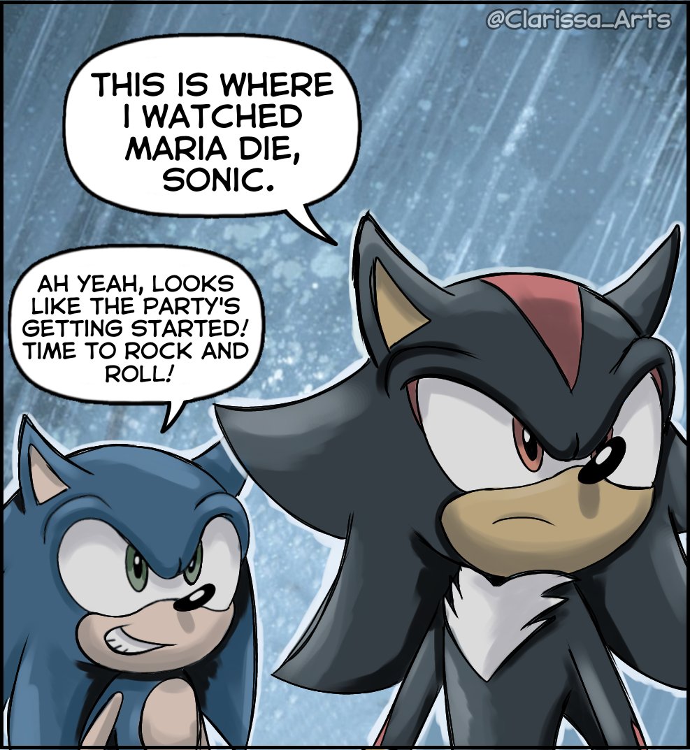2boys, artist_name, brown_eyes, clarissa_arts, english_text, green_eyes, meme, multiple_boys, outdoors, rain, shadow_the_hedgehog, sonic_(series), sonic_the_hedgehog, speech_bubble, teeth, this_is_where_i_watched_my_parents_die_raphael_(meme), upper_body, watermark