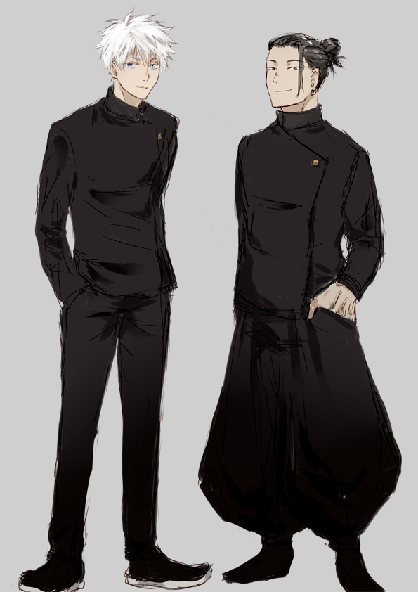 2boys, black_eyes, black_footwear, black_hair, black_pants, black_shirt, blue_eyes, closed_mouth, commentary_request, earrings, full_body, getou_suguru, gojou_satoru, grey_background, hair_bun, hand_in_panties, high_collar, jewelry, jujutsu_kaisen, long_sleeves, looking_at_viewer, male_focus, multiple_boys, nori20170709, panties, pants, shirt, short_hair, simple_background, standing, stud_earrings, underwear, white_hair