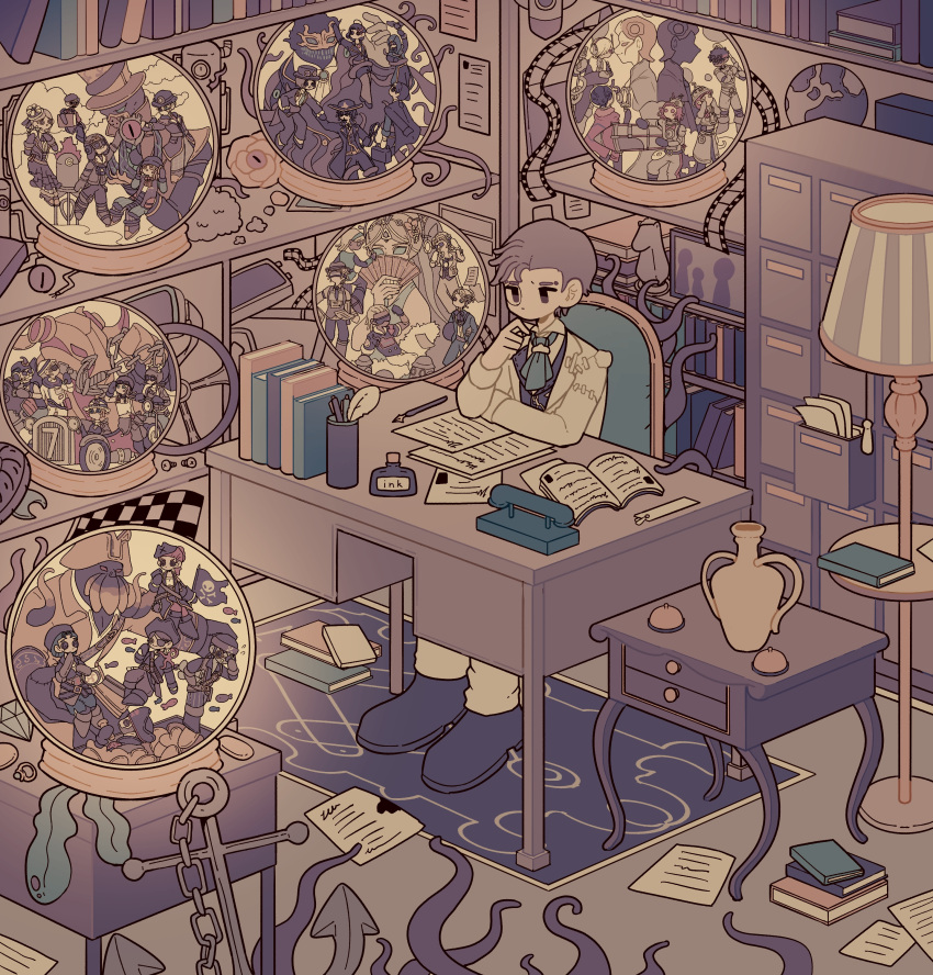 1boy, :o, absurdres, aesop_carl, aesop_carl_(trickster), anchor, andrew_kreiss, andrew_kreiss_(space_mining), anne_lester, anne_lester_(remote_signal), ascot, bane_(identity_v), bane_(molten_hound)_(identity_v), beard, belt, black_blindfold, black_coat, black_footwear, black_gloves, black_headwear, black_jacket, black_skirt, black_tank_top, black_vest, blindfold, blonde_hair, blue_ascot, blue_coat, blue_eyes, blue_hair, blue_hairband, blue_necktie, bolo_tie, book, book_stack, bookmark, bookshelf, boots, briefcase, brooch, brown_eyes, brown_hair, buck_teeth, button_eyes, cabinet, car, chain, chair, checkered_flag, coat, coat_on_shoulders, coattails, coin, collared_shirt, desk, diamond_(gemstone), earrings, elbows_on_table, eli_clark, eli_clark_(surveyor), emily_dyer, emily_dyer_(pirate_doctor), emma_woods, emma_woods_(pirate_shipwright), eyepatch, facial_hair, fake_horns, fan_wujiu, file_cabinet, film_strip, fiona_gilman, fiona_gilman_(reflective_mirror), fish, flag, flower, flying_sweatdrops, folding_fan, freckles, freddy_riley, freddy_riley_(navigator), frilled_sleeves, frills, full_body, fur_trim, ganji_gupta, ganji_gupta_(paratrooper), globe, gloves, glowing, goggles, goggles_on_head, gold_coin, hair_ornament, hair_over_one_eye, hairband, hairpin, hand_fan, hand_on_own_chin, hat, helena_adams, helena_adams_(sound_wave), highres, holding, holding_briefcase, holding_chain, holding_fan, holding_wrench, hood, hood_up, hooded_coat, horns, identity_v, indoors, ink_bottle, jack_(evil_eye_host)_(identity_v), jack_(identity_v), jacket, jewelry, joker_(identity_v), joker_(netherwalker)_(identity_v), jolly_roger, jose_baden, jose_baden_(pirate_radio), jug_(bottle), kevin_ayuso, kevin_ayuso_(whiplash), kreacher_pierson, kreacher_pierson_(pirate_spotter), lamp, leo_beck, leo_beck_(pirate_captain), loaded_interior, long_sleeves, luca_balsa, luca_balsa_(auditorium), male_focus, martha_behamfil, martha_behamfil_(pirate_gunner), mask, medium_hair, melly_plinius, melly_plinius_(ecosphere), michiko_(eternal_aurora)_(identity_v), michiko_(identity_v), mike_morton, mike_morton_(pumping_tires), monocle, monster_boy, motor_vehicle, multicolored_hair, multiple_belts, murro_(identity_v), murro_(repairman)_(identity_v), mustache, naib_subedar, naib_subedar_(steam_teen), necktie, nib_pen_(medium), no_mouth, norton_campbell, norton_campbell_(highway_cavalier), open_book, open_clothes, open_coat, orpheus_(identity_v), pen, phone, photo_(object), pink_flower, pirate, pirate_hat, ponytail, red_eyes, redhead, ring_removed, rocket, rug, screw, seaweed, servais_le_roy, servais_le_roy_(optical_mirror), shelf, shirt, short_hair, side_slit, sitting, skirt, smile, solid_eyes, solo, space_helmet, starfish, striped_necktie, suit_jacket, sunglasses, tank_top, teeth, tentacles, top_hat, tracy_reznik, tracy_reznik_(puppeteer), traditional_media, treasure_chest, two-tone_hair, underbust, vera_nair, vera_nair_(sands_of_time), vertical-striped_necktie, vest, victor_grantz, victor_grantz_(paperboy), waistcoat, weeping_clown_(heavy_bomber)_(identity_v), weeping_clown_(identity_v), wheel, white_gloves, white_hair, white_jacket, white_shirt, white_tank_top, whybe123, william_ellis, william_ellis_(neon_vanguard), wrench, wu_chang, wu_chang_(the_binary_star), xie_bian