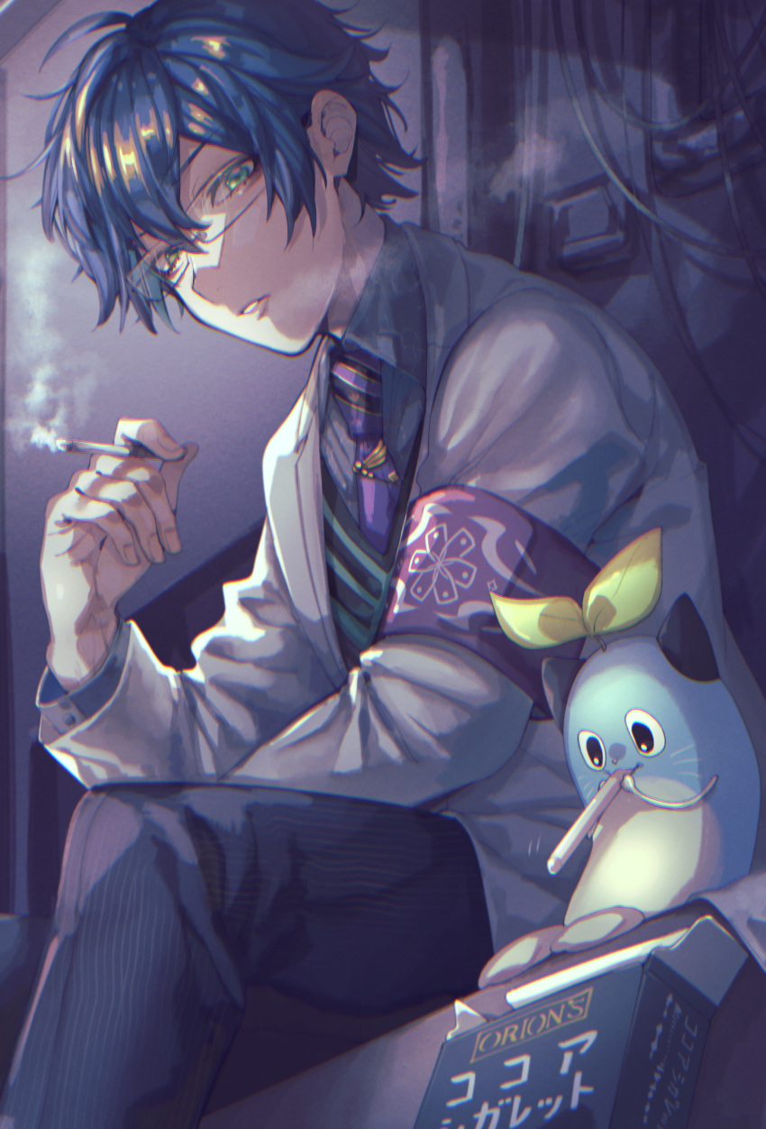 1boy, absurdres, armband, black_pants, blue_hair, cable, cat, cigarette