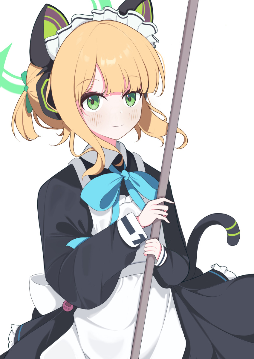 1girl, absurdres, animal_ear_headphones, animal_ears, apron, blue_archive, cat_ear_headphones, fake_animal_ears, free_donut, halo, headphones, highres, looking_at_viewer, maid, maid_apron, maid_headdress, midori_(blue_archive), midori_(maid)_(blue_archive), simple_background, solo, white_background