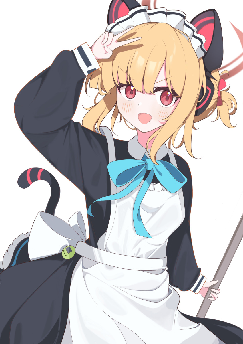 1girl, absurdres, animal_ear_headphones, animal_ears, apron, blue_archive, cat_ear_headphones, fake_animal_ears, free_donut, halo, headphones, highres, looking_at_viewer, maid, maid_apron, maid_headdress, momoi_(blue_archive), momoi_(maid)_(blue_archive), simple_background, solo, white_background