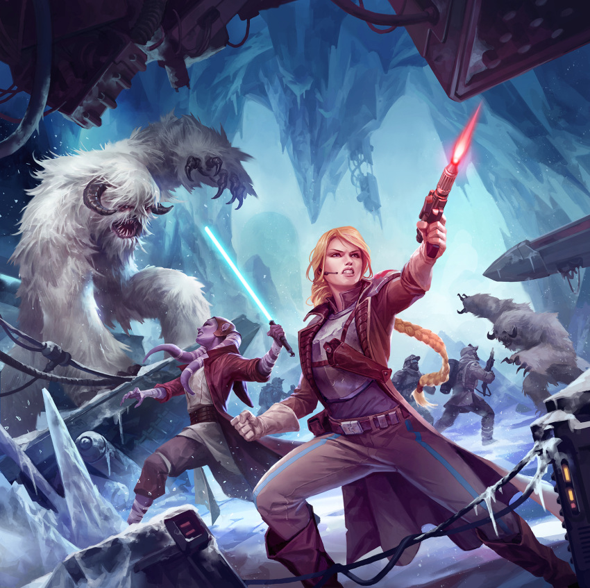 2girls, 2others, 3boys, alien, belt, blonde_hair, blue_lightsaber, brown_jacket