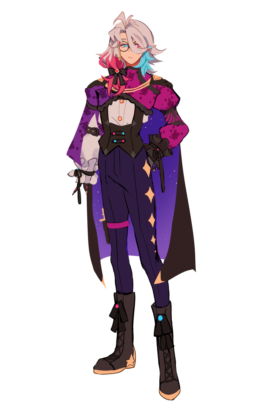 1boy, :<, absurdres, asymmetrical_clothes, bettel_2_(gavis_bettel), black_cape, black_corset, black_footwear