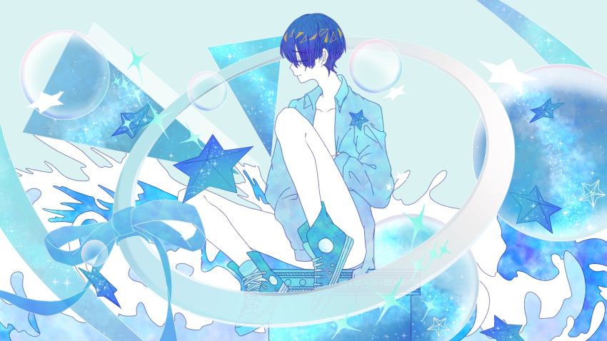 alternate_costume, androgynous, bad_source, blue_eyes, galaxy_background, highres, houseki_no_kuni, housekinokuni, landofthelustrous, long_sleeves, looking_at_viewer, open_clothes, open_shirt, phosphophyllite, phosphophyllite_(ll), shirokuko, short_hair, solo, water_background