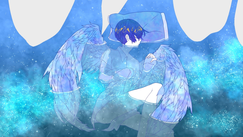 alternate_costume, androgynous, angel_wings, bad_source, blue_eyes, highres, houseki_no_kuni, long_sleeves