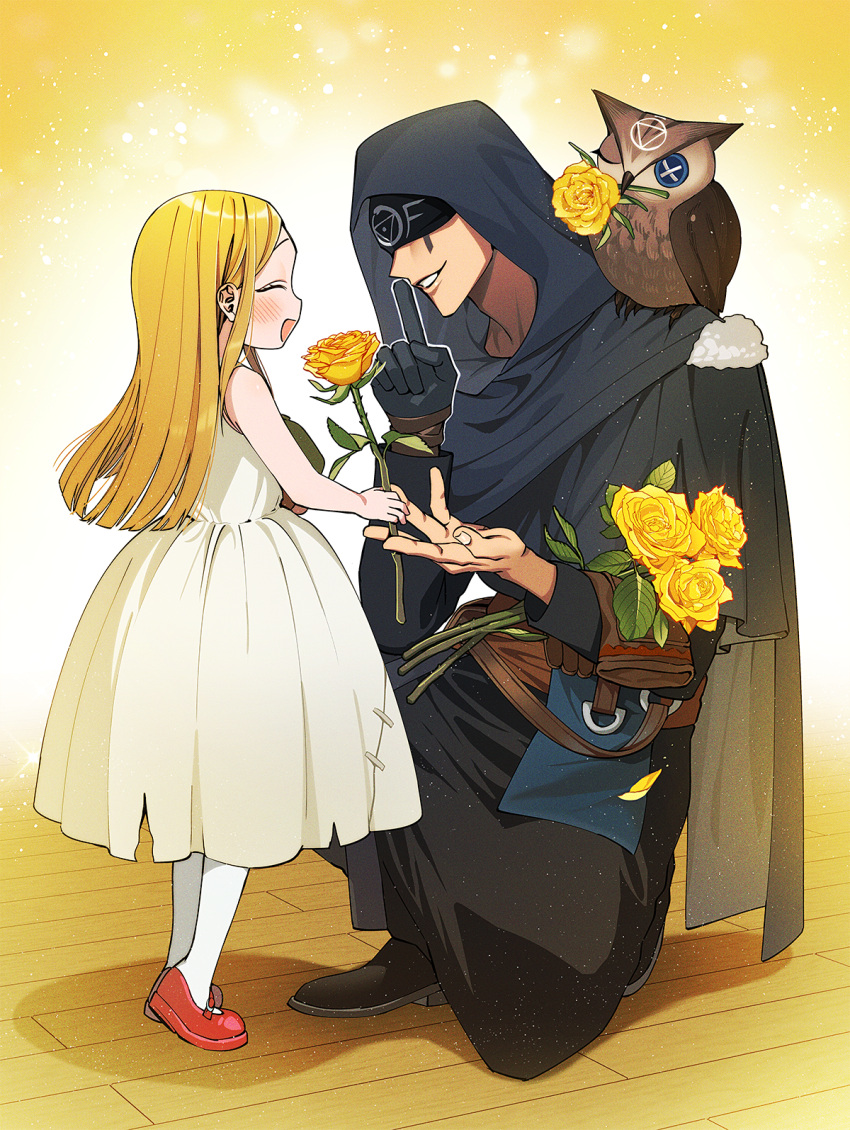 1boy, 1girl, :d, animal_on_shoulder, belt, bird, black_blindfold, black_footwear