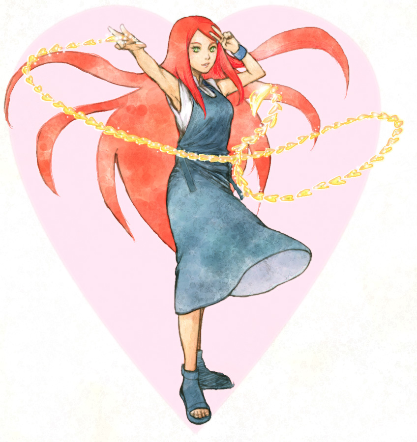 armpits, dress, green_eyes, heart, long_hair, magical_girl, naruto, noeen, oekaki, outstretched_arm, red_hair, redhead, salute, sandals, solo, uzumaki_kushina, v, wristband