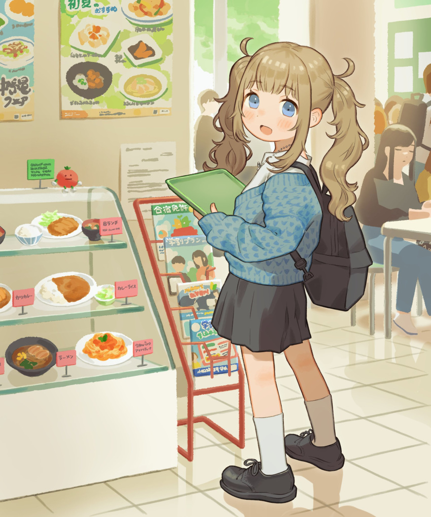1girl, :d, backpack, bag, black_footwear, black_skirt, blonde_hair, blue_cardigan