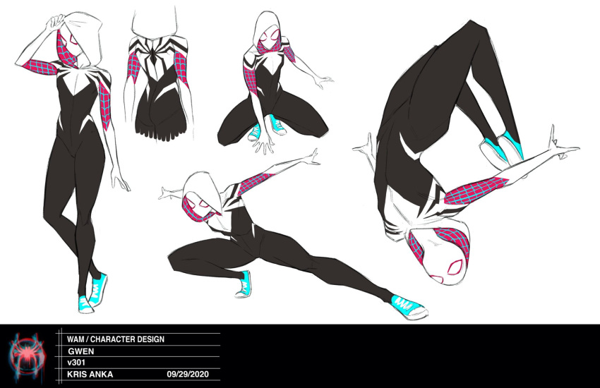 1girl, alternate_color, aqua_footwear, black_bodysuit, bodysuit, concept_art, full_body, gwen_stacy