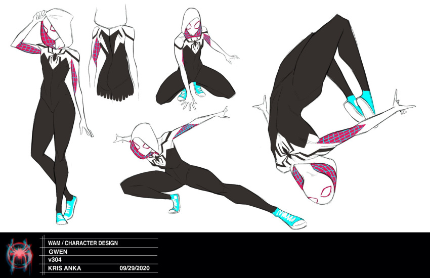 1girl, alternate_color, aqua_footwear, black_bodysuit, bodysuit, concept_art, full_body, gwen_stacy