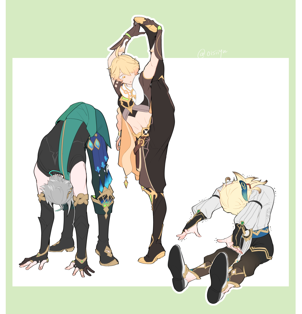3boys, :o, aether_(genshin_impact), ahoge, alhaitham_(genshin_impact), aqua_hair, armlet, arms_up