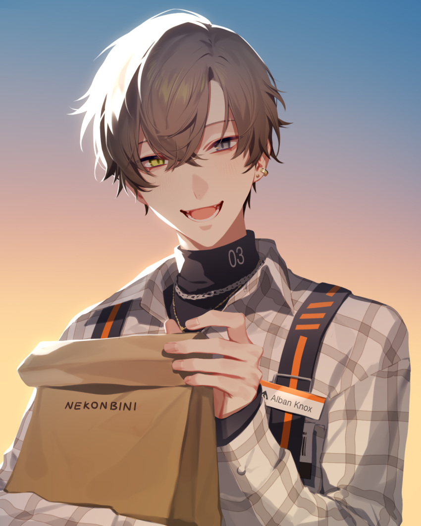 13_(bbr584607091), 1boy, alban_knox, alban_knox_(2nd_costume), bag, black_shirt, black_undershirt, brown_hair
