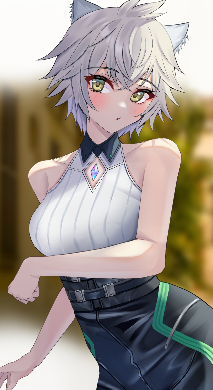 1girl, animal_ears, bare_shoulders, blush, breasts, cat_ears, cat_girl, chest_jewel