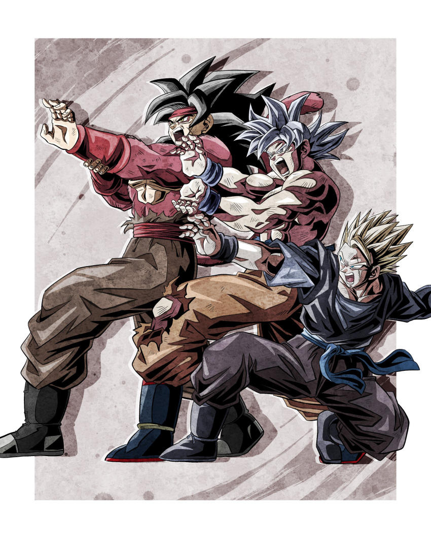 absurdres, alternate_universe, amputee, bardock, biceps, black_hair, blonde_hair, blue_eyes, body_fur, dougi, dragon_ball, dragon_ball_heroes, dragon_ball_super, dragon_ball_z, highres, kamehameha, male_focus, martial_arts, missing_limb, monkey_boy, monkey_tail, multiple_boys, muscular, muscular_male, open_mouth, pants, pectorals, red_fur, saiyan, sash, scar, shirt, short_hair, simple_background, son_gohan_(future), son_goku, spiky_hair, super_saiyan, super_saiyan_2, super_saiyan_4, tail, teeth, ultra_instinct, ushi_(akabec0), wristband