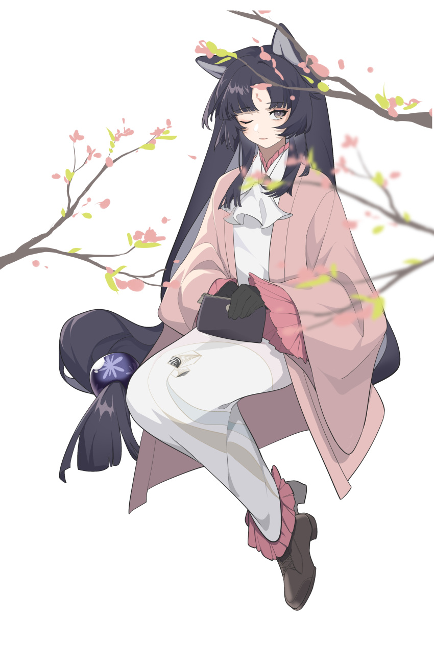 1girl, ;|, absurdres, animal_ears, arknights, ascot, bag, black_bag, black_eyes, black_gloves, black_hair, branch, brown_footwear, chinese_commentary, closed_mouth, coat, commentary_request, cross-laced_footwear, dog_ears, dog_girl, dress, expressionless, facial_mark, forehead_mark, full_body, gloves, handbag, highres, holding, holding_bag, lips, long_hair, looking_at_viewer, low-tied_long_hair, official_alternate_costume, one_eye_closed, open_clothes, open_coat, parted_bangs, pink_coat, raxerrrr, saga_(arknights), saga_(there_they_be)_(arknights), shoelaces, simple_background, solo, very_long_hair, white_ascot, white_background, white_dress
