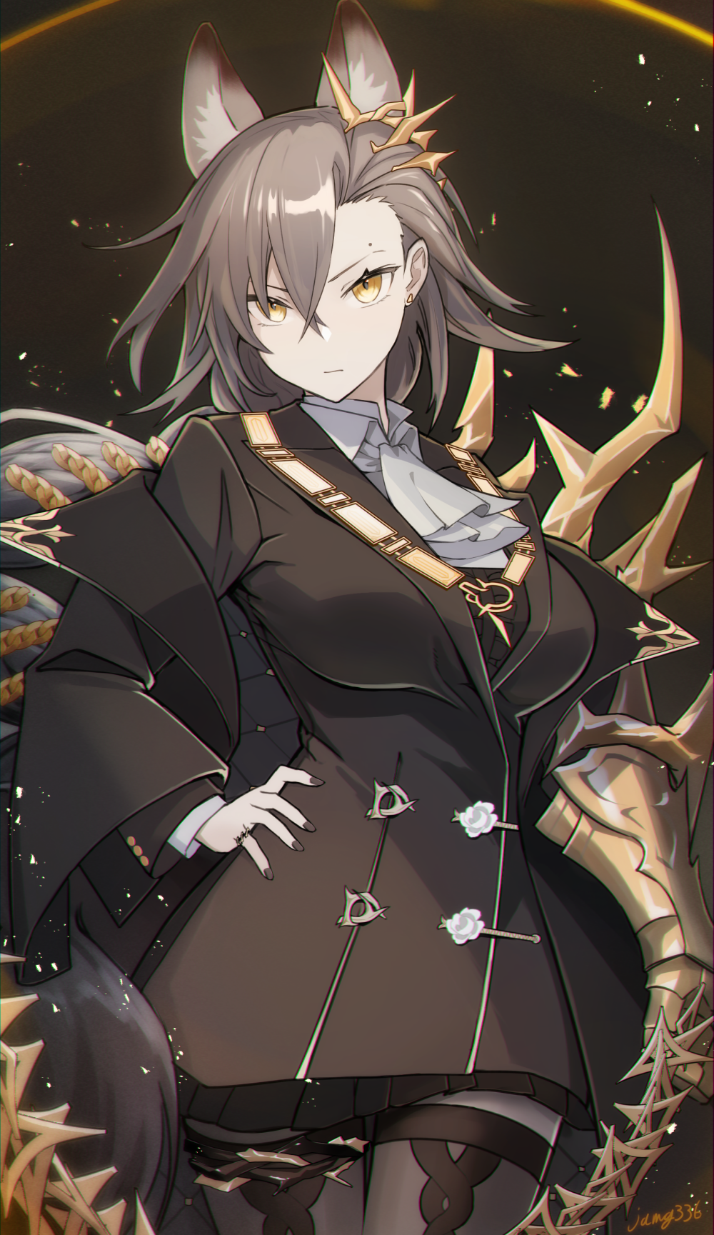 1girl, animal_ears, arknights, ascot, black_jacket, brown_hair, closed_mouth, collared_shirt, extra_ears, gauntlets, hair_between_eyes, hand_on_own_hip, highres, jacket, jamg336, long_hair, long_sleeves, looking_at_viewer, penance_(arknights), shirt, single_gauntlet, solo, tail, white_ascot, white_shirt, wolf_ears, wolf_girl, wolf_tail, yellow_eyes