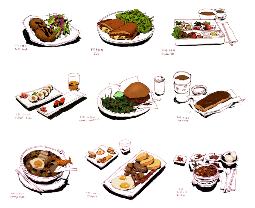 andrewkmar, bento, burger, chopsticks, commentary, cup, english_commentary, food, food_focus, fork, miso_soup, no_humans, original, plate, salad, salt, simple_background, soup, spoon, sushi, white_background