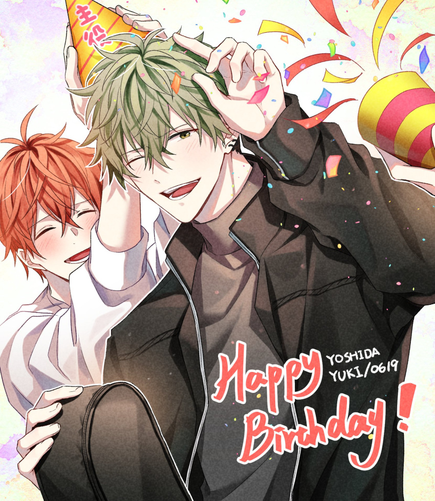 2boys, black_jacket, blush, character_name, closed_eyes, confetti, ear_piercing, given
