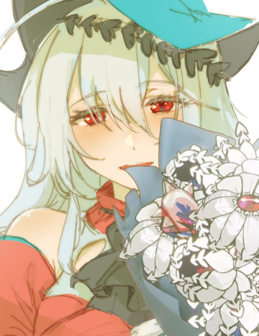 1girl, :d, absurdres, arknights, ascot, bare_shoulders, black_ascot, blue_headwear