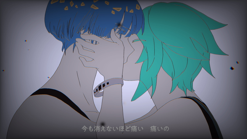2others, alternate_costume, androgynous, bad_source, blue_eyes, derivative_work, hand_on_another's_cheek, hand_on_another's_face