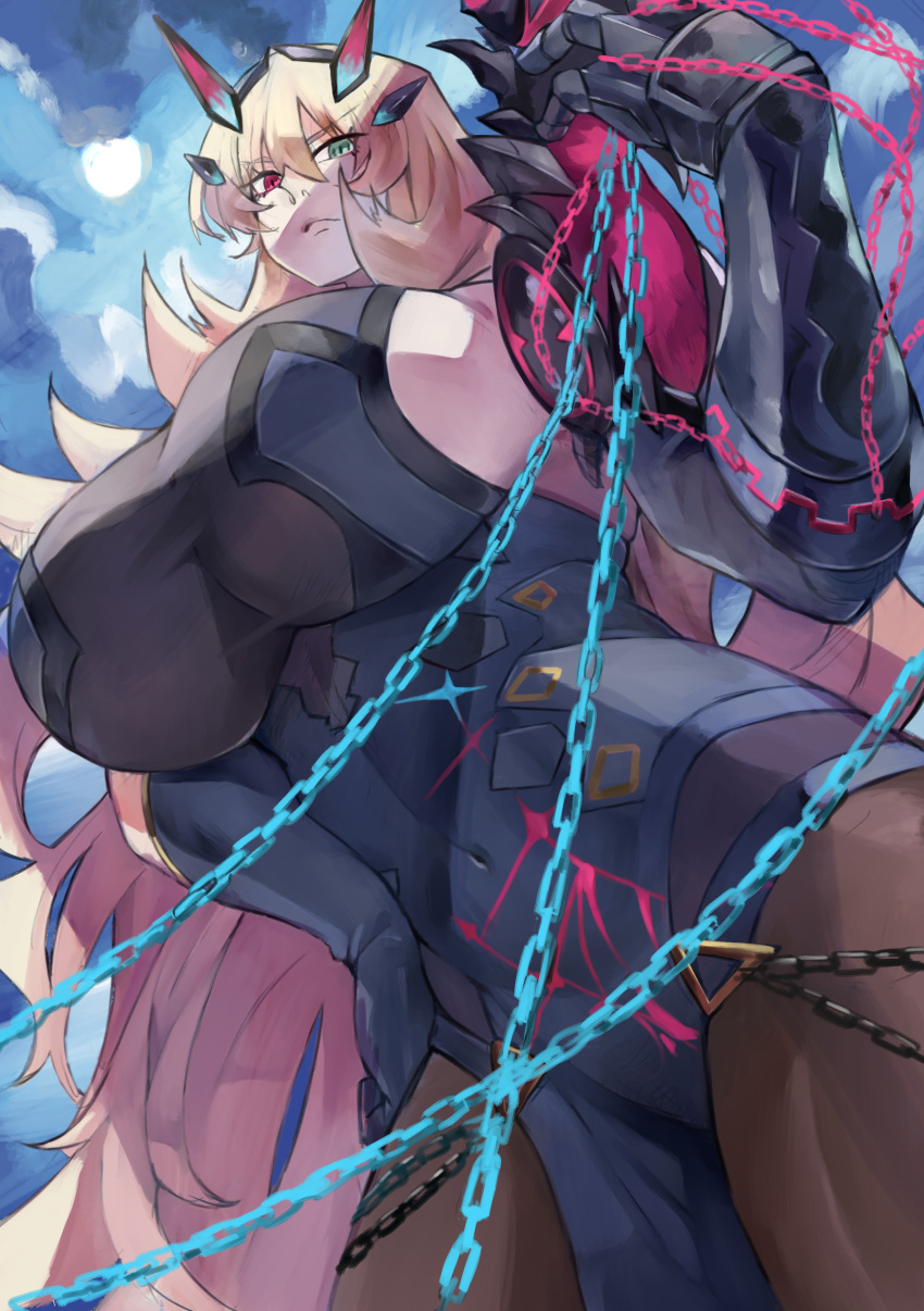 1girl, absurdres, armor, black_dress, black_gloves, blonde_hair, breasts, chain, dress, elbow_gloves, fairy_knight_gawain_(fate), fairy_knight_gawain_(second_ascension)_(fate), fate/grand_order, fate_(series), gauntlets, gloves, gumi_(the_eye_of_darkness), hand_on_own_hip, heterochromia, highres, holding, holding_chain, horns, huge_breasts, long_hair, looking_at_viewer, looking_down, pantyhose, pelvic_curtain, shaded_face, shoulder_armor, sideboob, single_gauntlet, solo, tall, tall_female, thighs