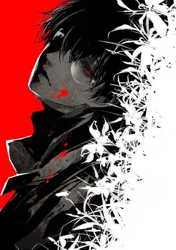 1boy, black_hair, black_jacket, black_reaper, blood, blood_on_face, collar, dark_persona