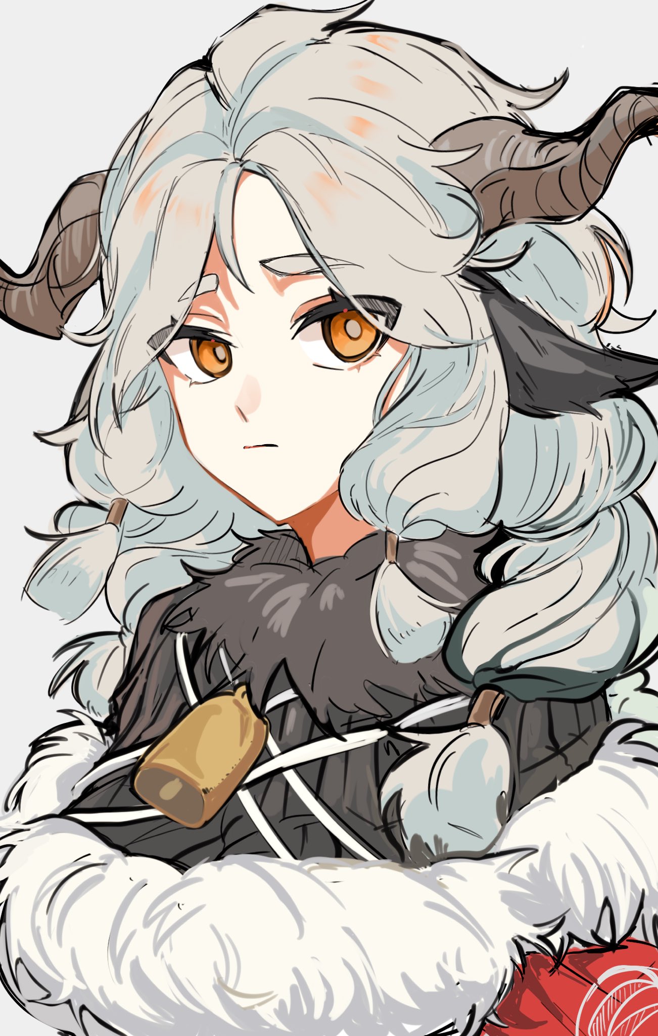 1girl, animal_ears, arknights, bell, braid, closed_mouth, fur_collar, fur_trim, grey_hair, highres, horns, looking_at_viewer, multiple_braids, neck_bell, orange_eyes, parted_bangs, sheep_ears, sheep_girl, sheep_horns, solo, soramaru_310, upper_body, valais_(arknights)