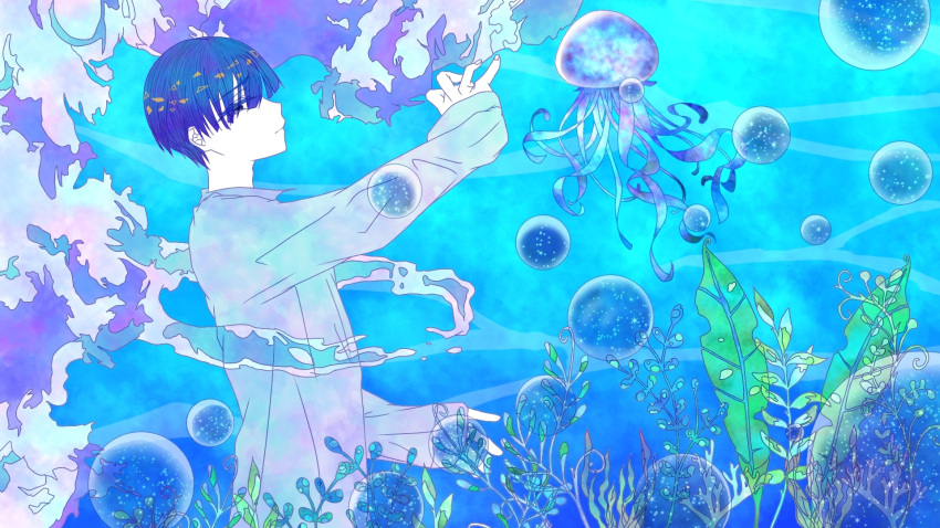 alternate_costume, androgynous, bad_source, blue_background, blue_eyes, closed, floating, highres