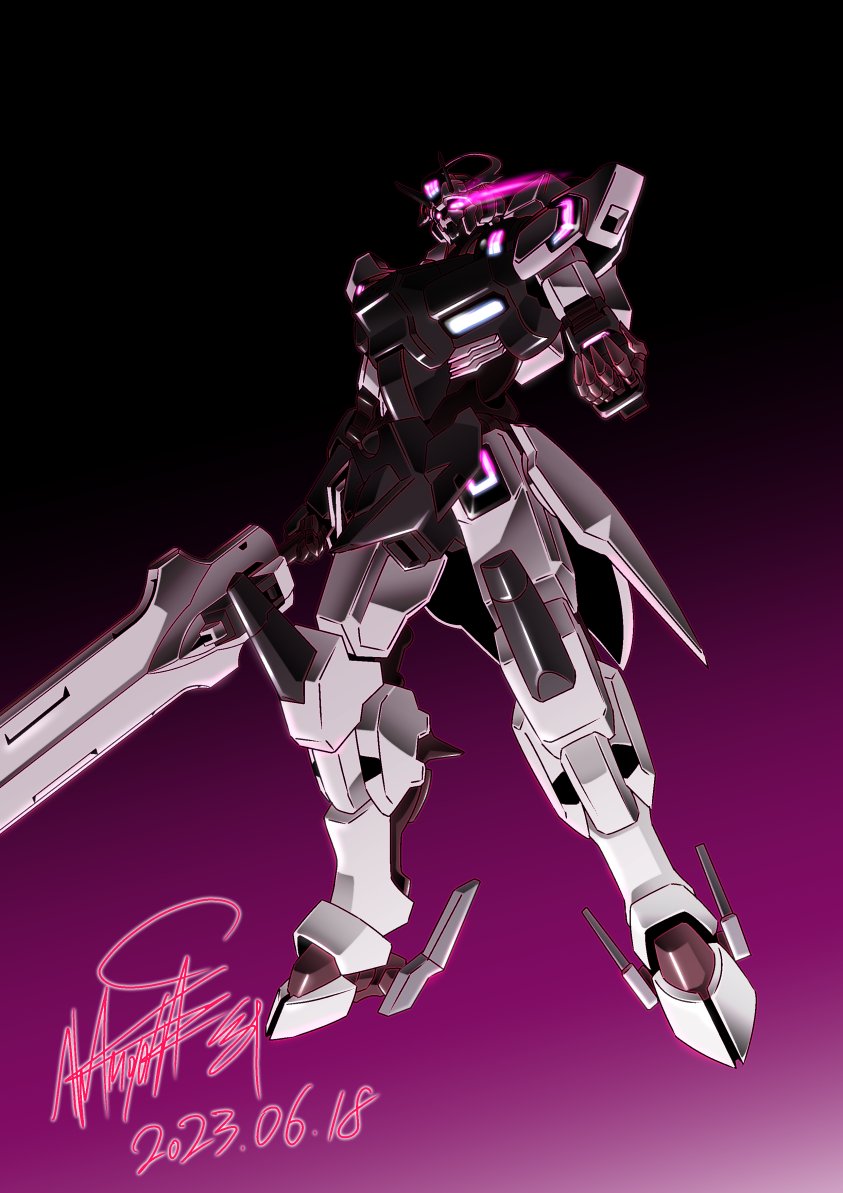 dated, eye_trail, full_body, glowing, glowing_eyes, gundam, gundam_suisei_no_majo, holding, holding_sword, holding_weapon, huge_weapon, light_trail, mecha, mobile_suit, no_humans, purple_background, robot, schwarzette, science_fiction, signature, simple_background, solo, sword, violet_eyes, weapon, zzz_sakaz