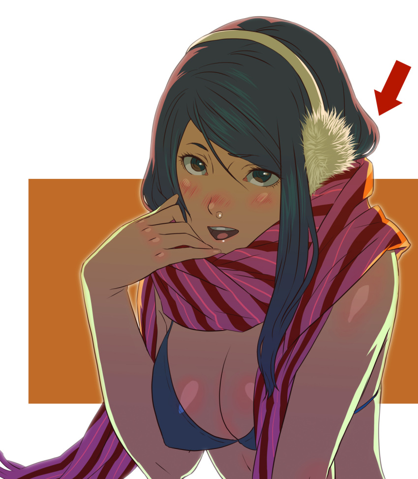 bikini, blush, breasts, cleavage, earmuffs, highres, runny_nose, scarf