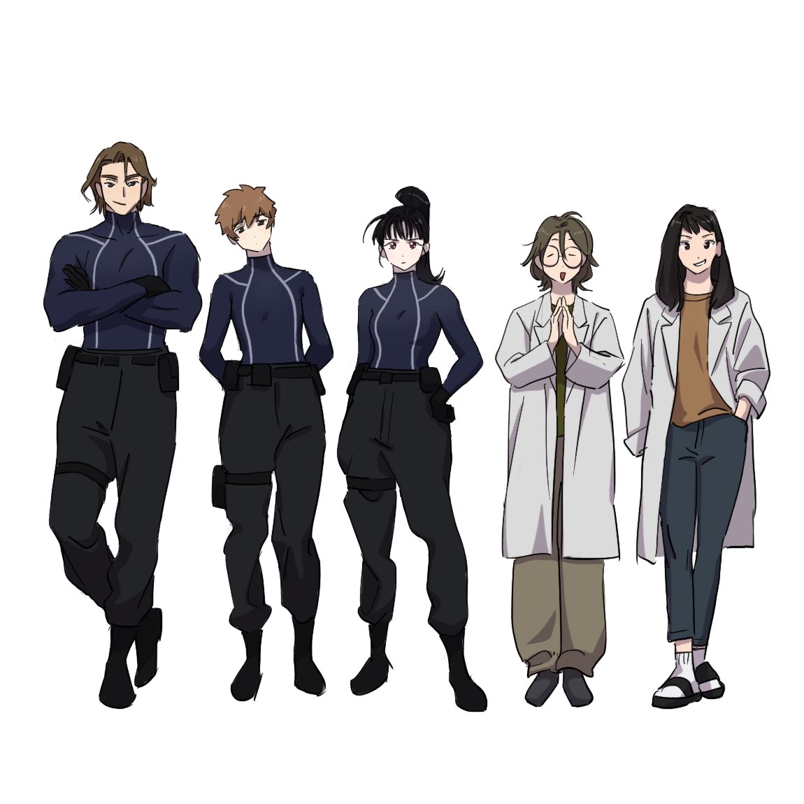 1boy, 4girls, baek_ae-young, black_hair, bodysuit, brown_hair, character_request, closed_eyes, closed_mouth, commentary_request, crossed_arms, eoduun_badaui_deungbul-i_doeeo, glasses, godst0812, hand_in_pocket, korean_commentary, lab_coat, long_hair, long_sleeves, looking_at_viewer, male_swimwear, multiple_girls, pants, short_hair, simple_background, smile, standing, wetsuit, white_background, yu_geum-i